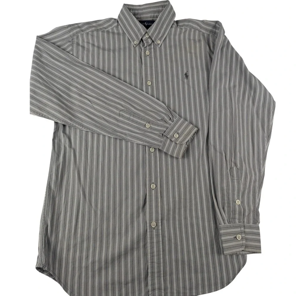Ralph Lauren Boys Grey White Striped Long Sleeve Button Down Shirt Size L 14-16